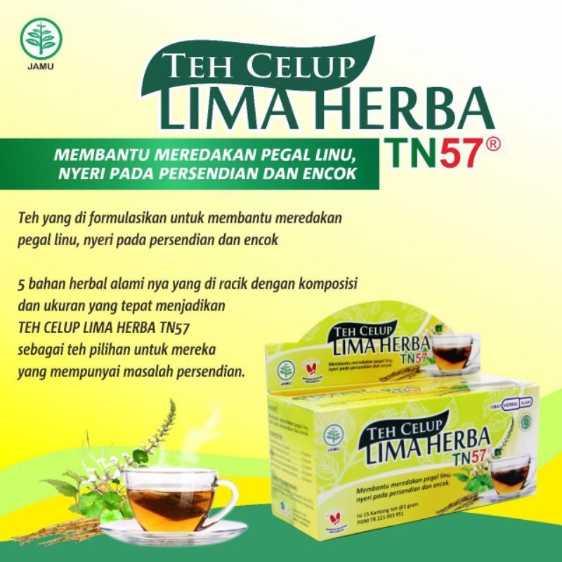 

TN 57 teh celup Lima herba untuk meredakan nyeri sendi