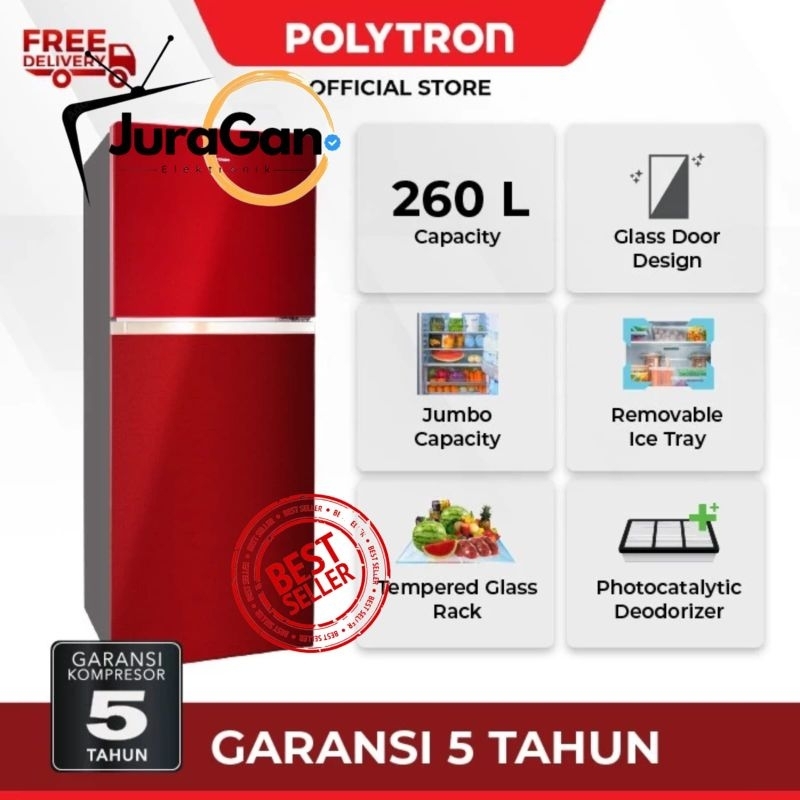 Polytron Kulkas 2 pintu Belleza Jumbo 260 liter PRW 29MN-MERAH