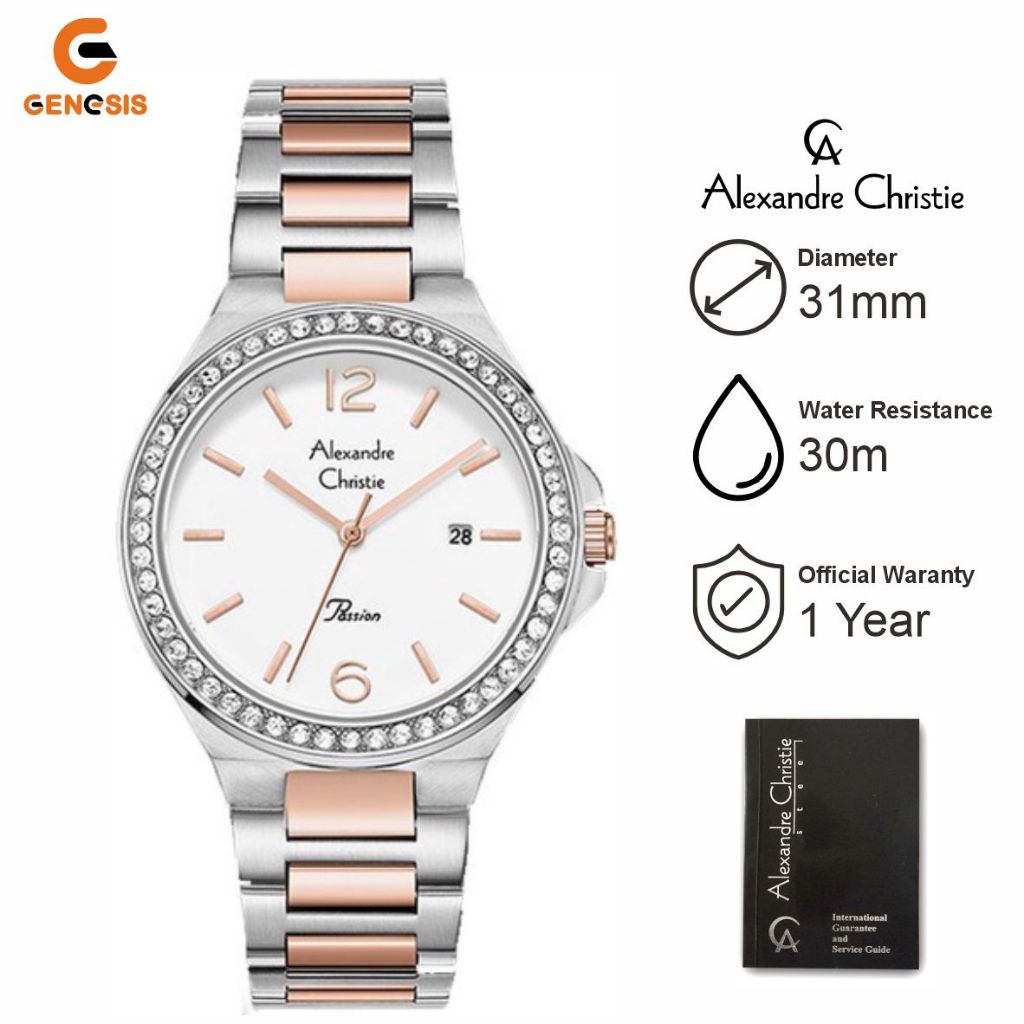 Jam Tangan Wanita Alexandre Christie Passion AC 2981 LD BTRSL Ladies Silver Dial Dual Tone Stainless