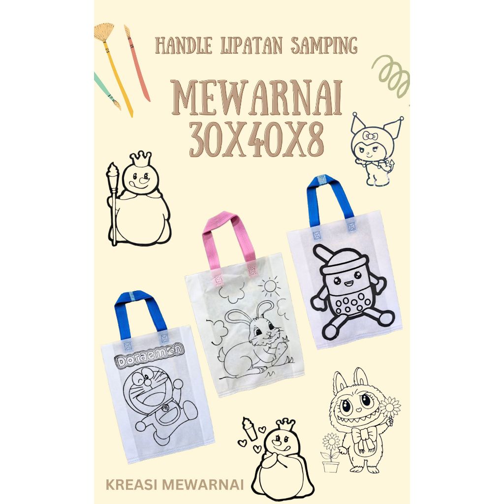 

1 LUSIN - Goodie Bag / Spunbond/ Tas Kain Mewarnai Tas Putih Tali Warna UK 30X40X8 #Kreasi.Mewarnai