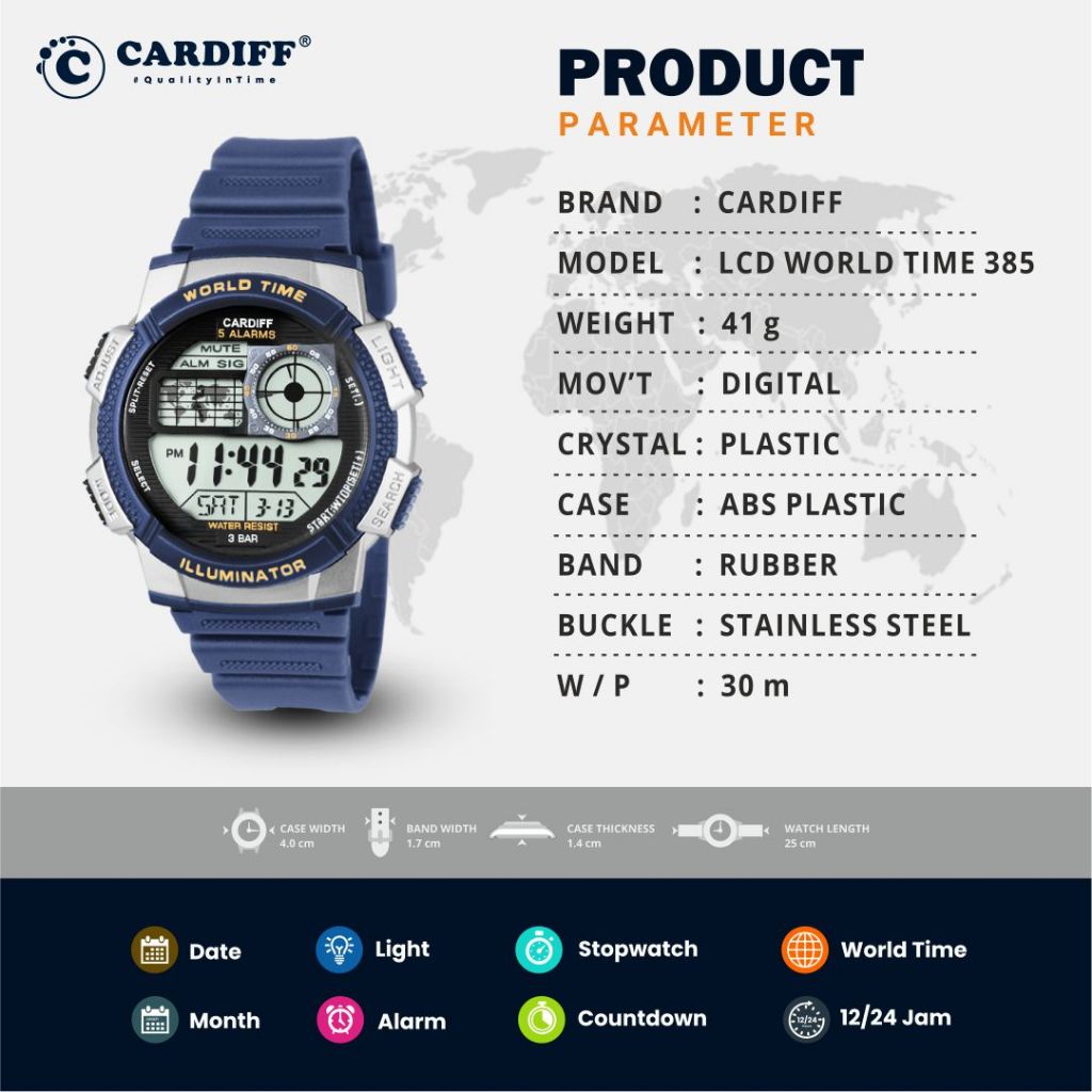 CARDIFF Jam Tangan WT Karet 385 | Worldtime | Pria | Tahan Air | 3ATM