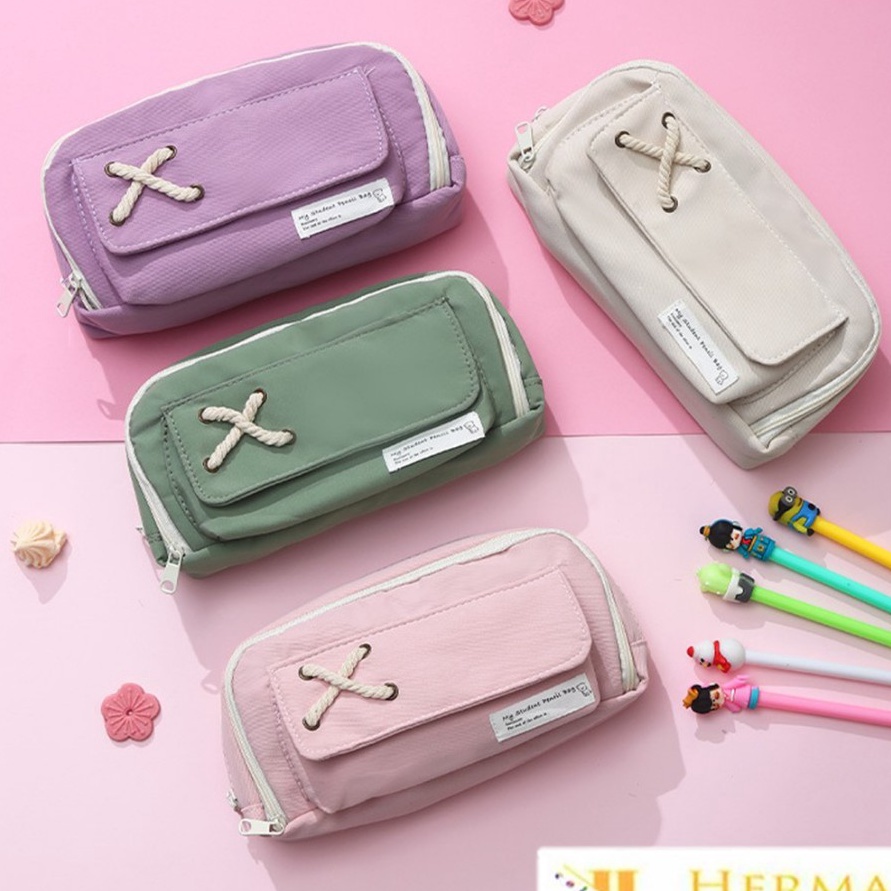 

Termurah HC Tempat Pensil Model Pita Silang Kotak Pensil Tali Rami Ritsleting Ganda Bahan Kanvas Pouch Tempat Alat Tulis Perlengkapan Sekolah Kantor Dua Sisi Resleting