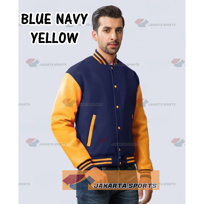 Varsity Snap BLUE NAVY And YELLOW Jaket Baseball Pria Wanita Bomber Jacket