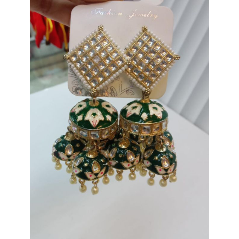 Jhumka Jhumki India Hijau Emerald Green Premium Big Anting Spesial Diwali Dipavali dipawali pesta pe