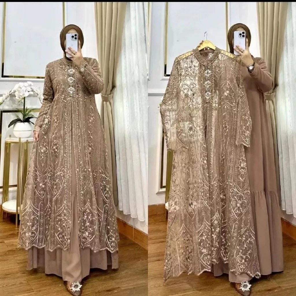 Baju Gamis Wanita Set Outer Brukat Jumbo Laksmi Dress BO Bahan Ceruty Babydoll M L XL XXL XXXL Dress