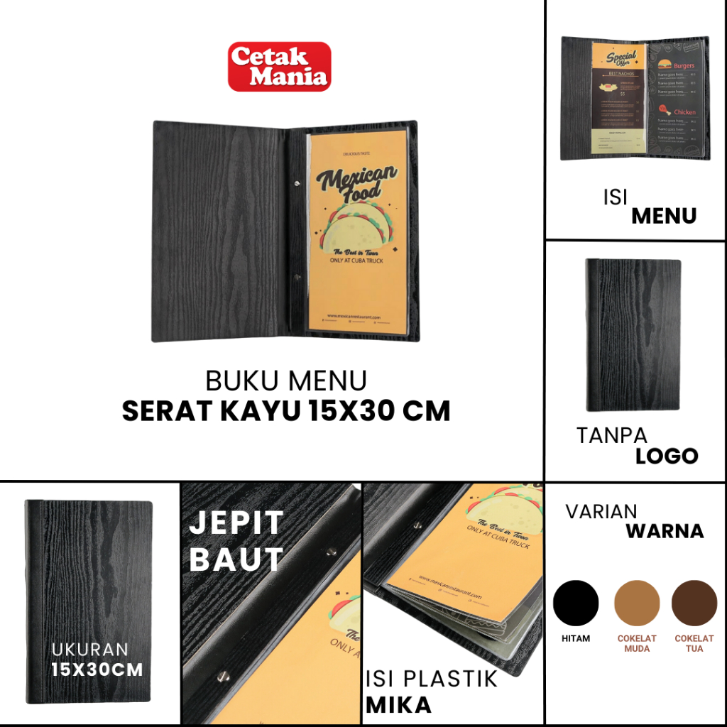 

RB Cetak Mania - Buku Menu Kayu Vinyl Jepit Baut Isi Plastik Mika A4 dan 15x30 Coklat Muda, Coklat