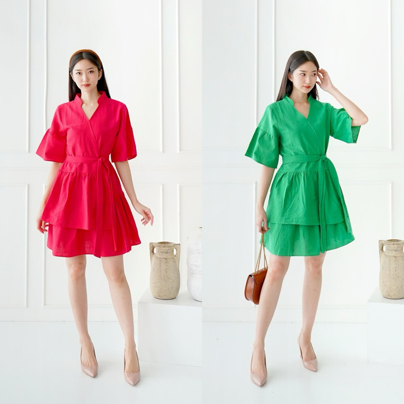 Dress Merah Hijau Baju Wanita Kekinian, One Set Baju Korea AMarise Set