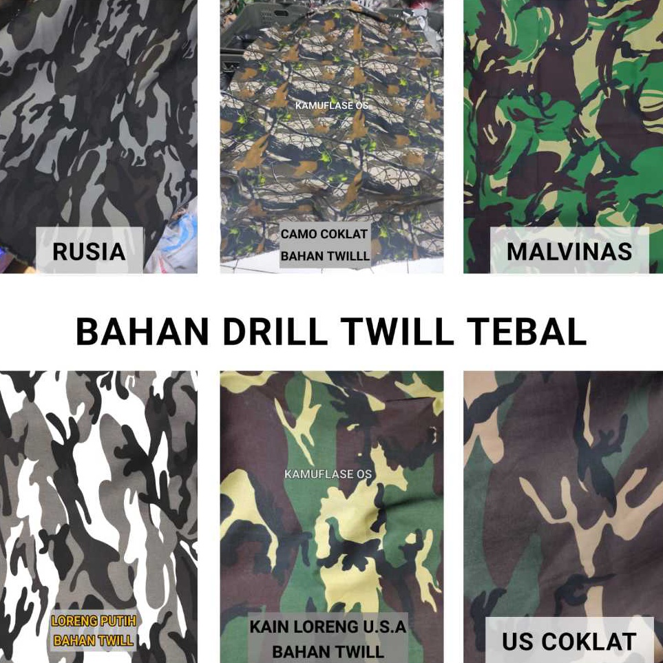 KODE O22I Kain loreng army  Bahan Dril Twill Tebal Loreng Camo US Woodland Rusia Salju loreng putih