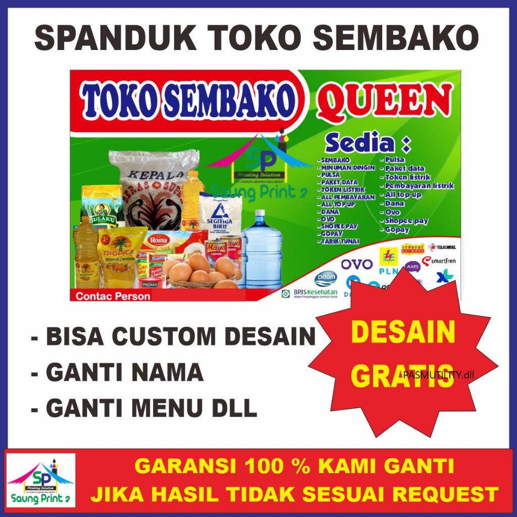 Spanduk Warung Sembako/Toko Sembako ukuran 200 x 100 cm bisa Custom dan Free Desain