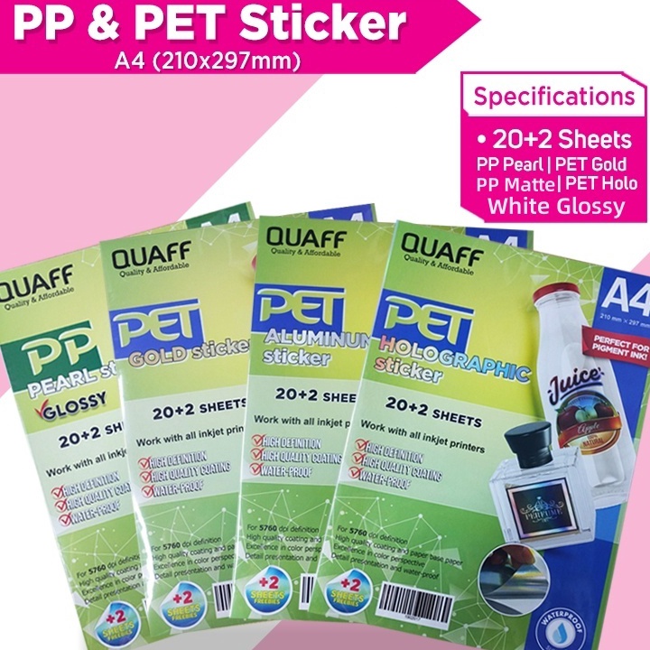 

Limit Quaff Kes Stiker Vinyl Inkjet Anti Air A4 Size 22 Sheets Per Pack PET Holographic PET Gold PP PearlGlossy PP Matte Glossy Sticker