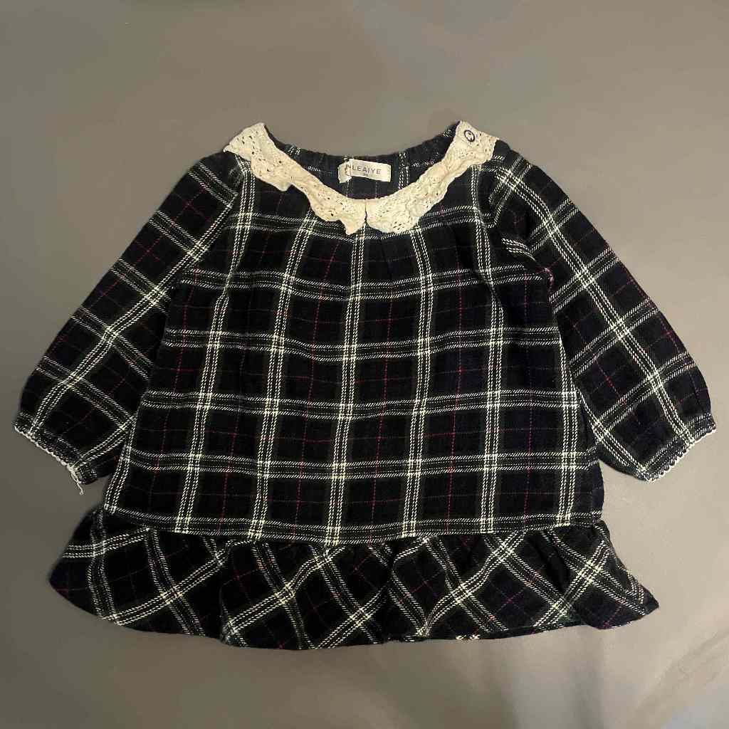 ANAK K184 (ILEAIYE ORI, PRELOVED) Baju Atasan Tunik Flanel Kerah Tangan Balon Panjang Kotak Hitam Pu