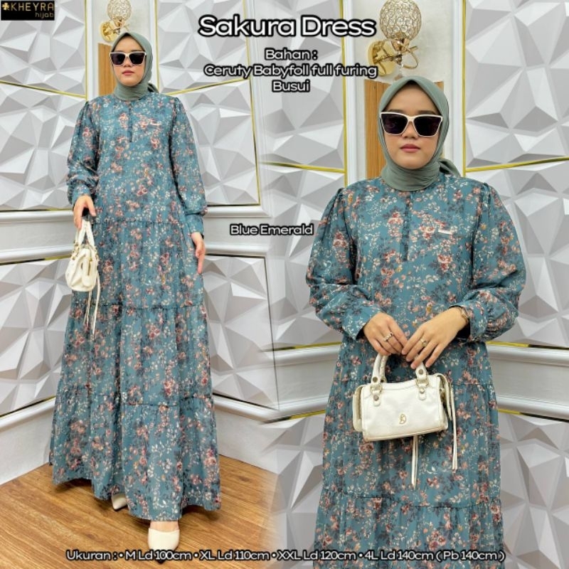 {Realpict} Sakura maxy dress muslim kekinian gamis ceruty full furing dress ceruti motif bunga terba