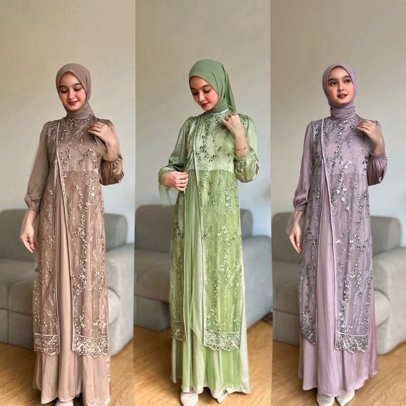 Naela Dress Set Dress + Tunik Blouse Lace Bahan  Armany Silk + Brukat Garden + Tulle Garden Gamis Fa