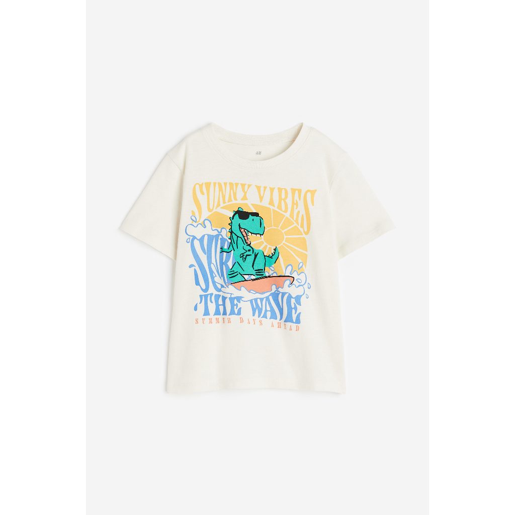 H&M Boys T-Shirt White Surf Dino Sunny Vibes Beach Wave Original Kaos Anak
