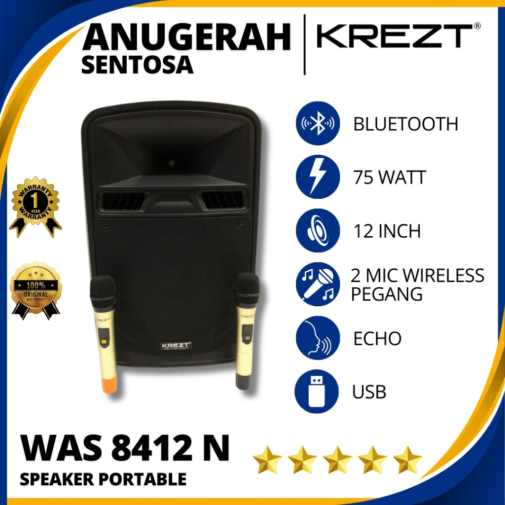 Speaker Aktif Portable Wireless Bluetooth Krezt WAS 8412 Ukuran 12 Inch Original