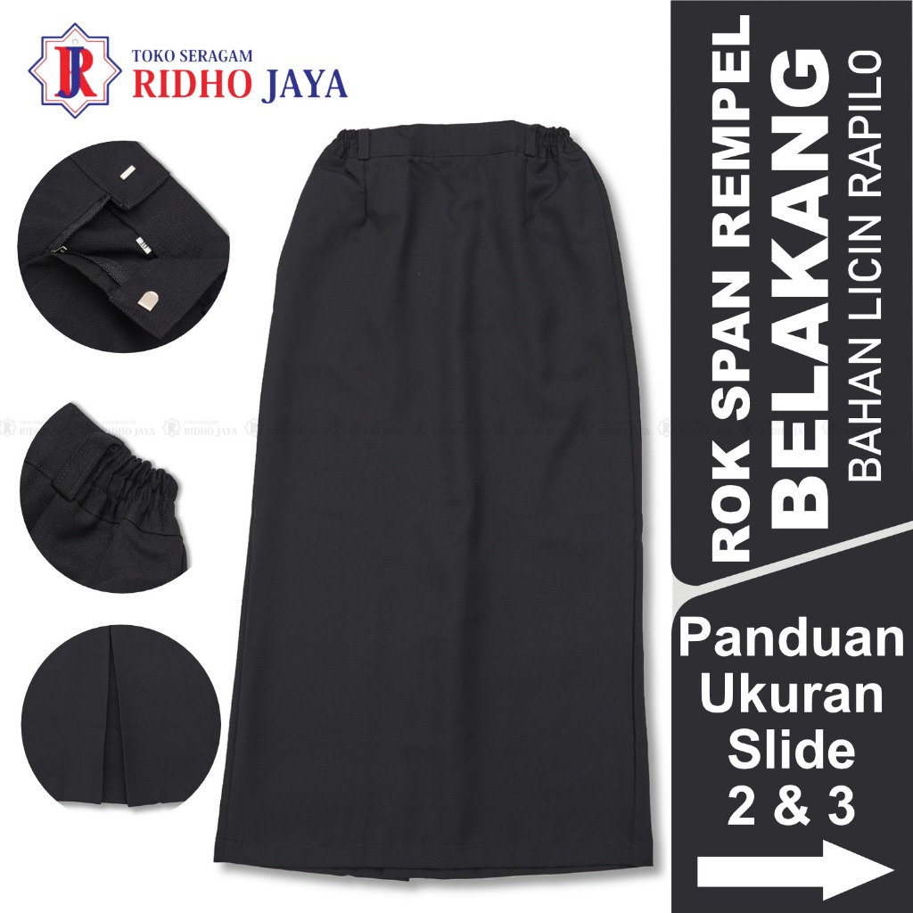 RIDHO JAYA Rok Rapilo Rafilo Span Hitam Rempel Belakang | Rok Span Bahan Pasir | Rok Span Bahan Lici