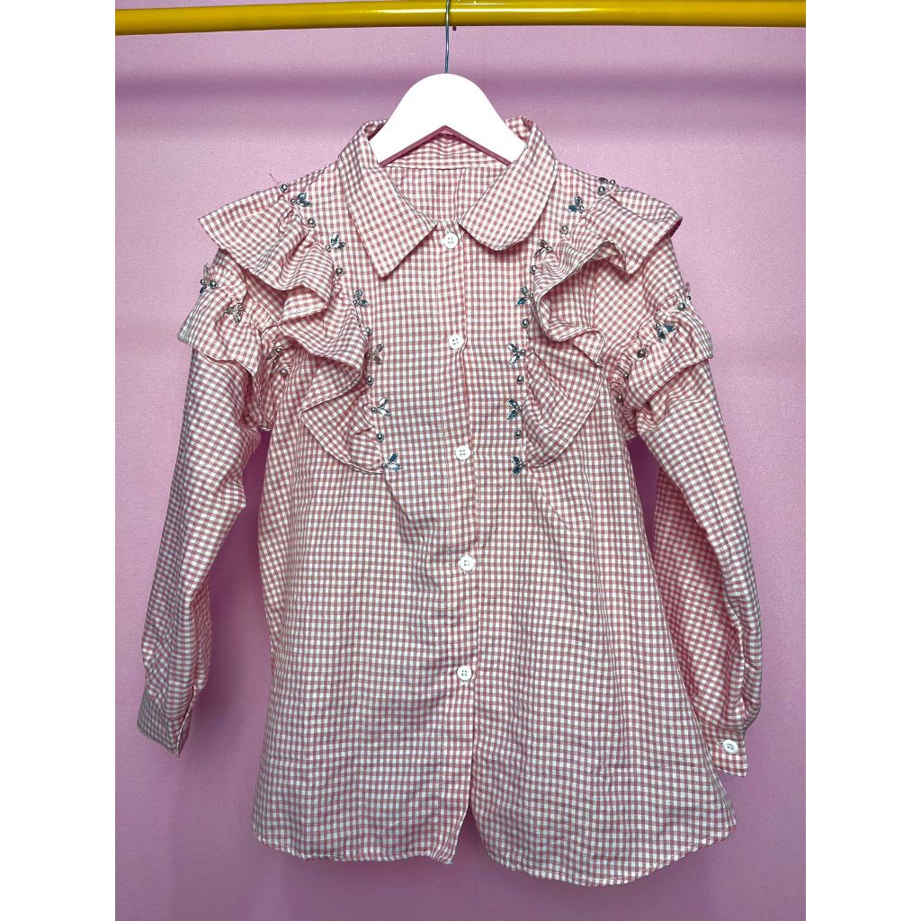 Jenny Blouse Swarovski Mewah Atasan Motif Kotak Rempel Lengan Dan Bahu