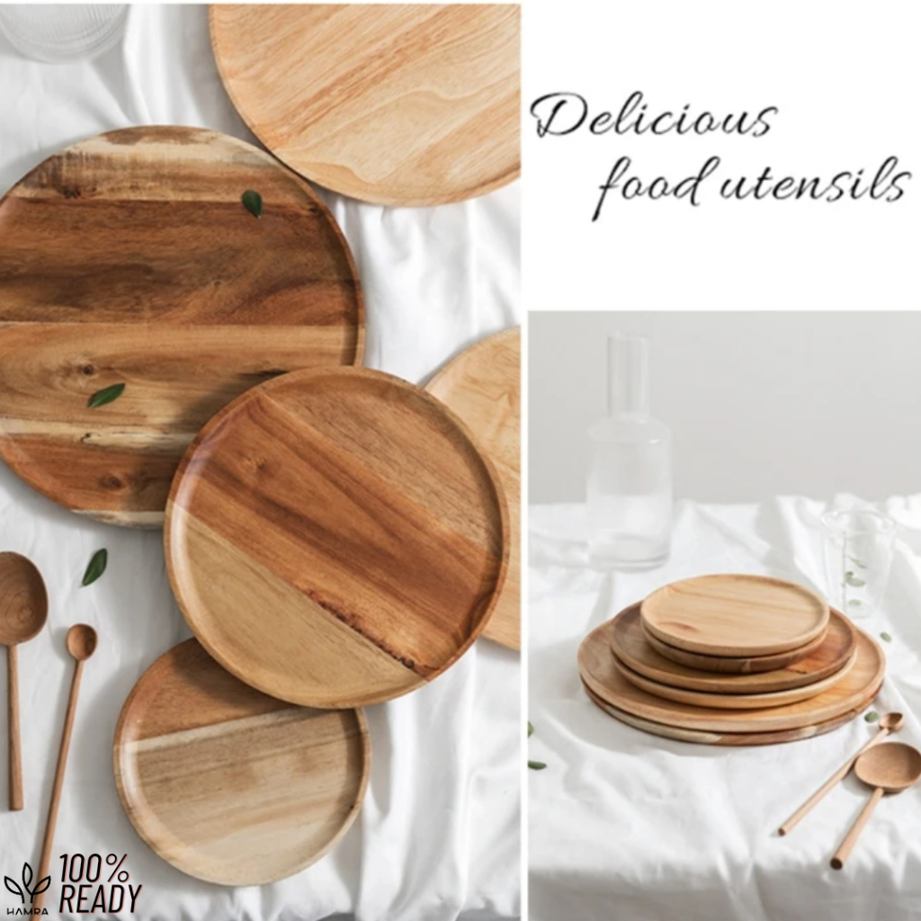 Piring Kayu Aesthetic / Piring Kayu Bulat / Piring Kayu Set / Piring Makan Kayu