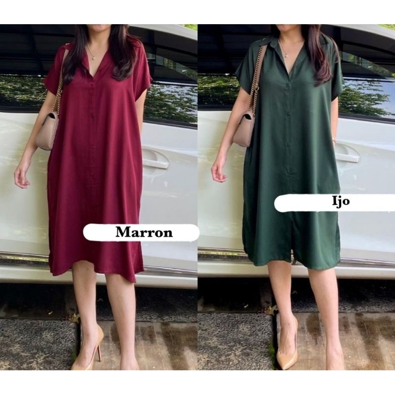 MIDI DRESS WANITA/KEMEJA DRESS/DRESS LENGAN PENDEK/BAJU TERUSAN TANGAN PENDEK WANITA