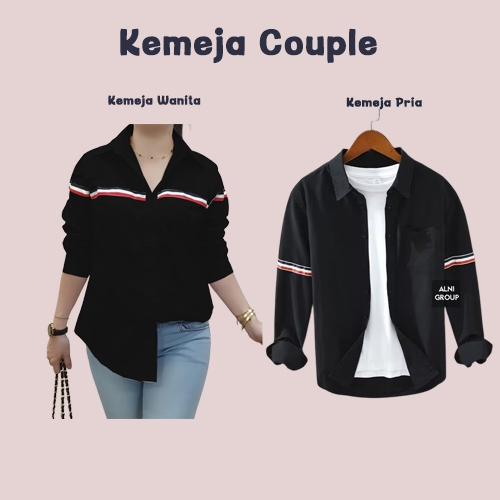 Kemeja Couple Pria Wanita List Polos Lengan Panjang