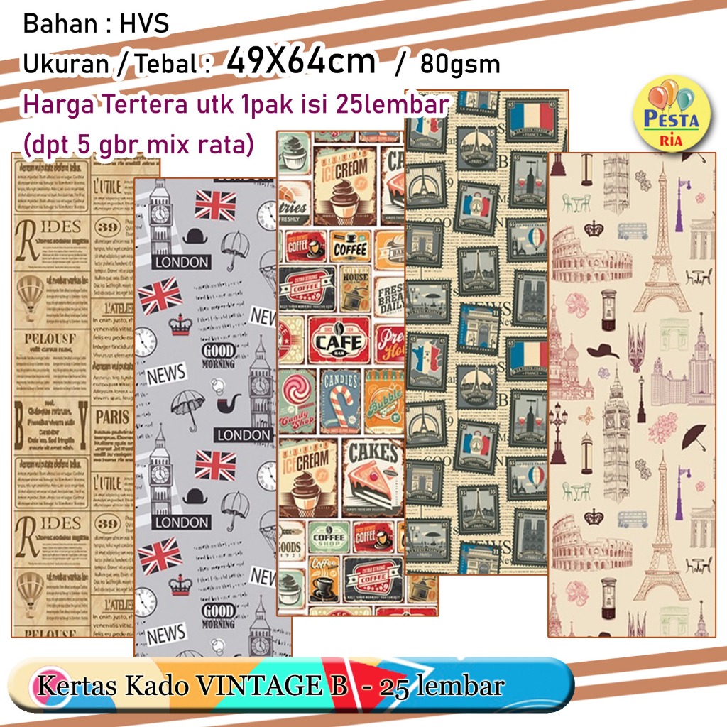 

Murah!! (1Set 25lmbr) Kertas kado motif VINTAGE B, kertas kado motif, bungkus kado ulang tahun, Kertas Kado Setara Sanwa Sansan Wawa
