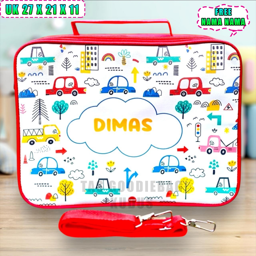 

AA Tas Ultah Anak Custom Nama dan Foto Tas Ulang Tahun Selempang Lepas Model Car Poliester Free