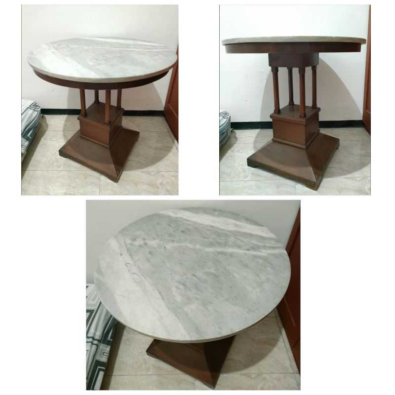 Meja Bulat Marmer Kuno Kayu Barang Antik NEGO