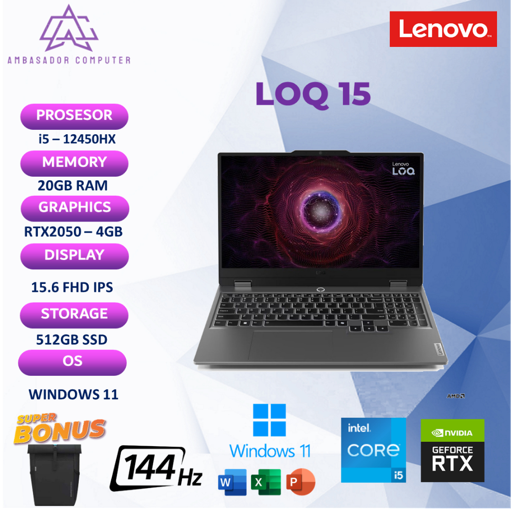 Lenovo LOQ 15 i5 12450HX Rtx2050 4Gb 20Gb 512Gb WIndows11+OHS Full HD IPS