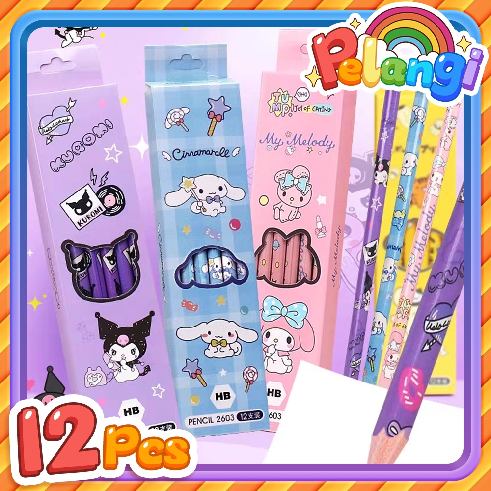 

12 pcs/kotak Pensil gambar sketsa 2B Sanrio Kartun Lucu Pensil Anak Set Sekolah kuromi melody cinnamoroll