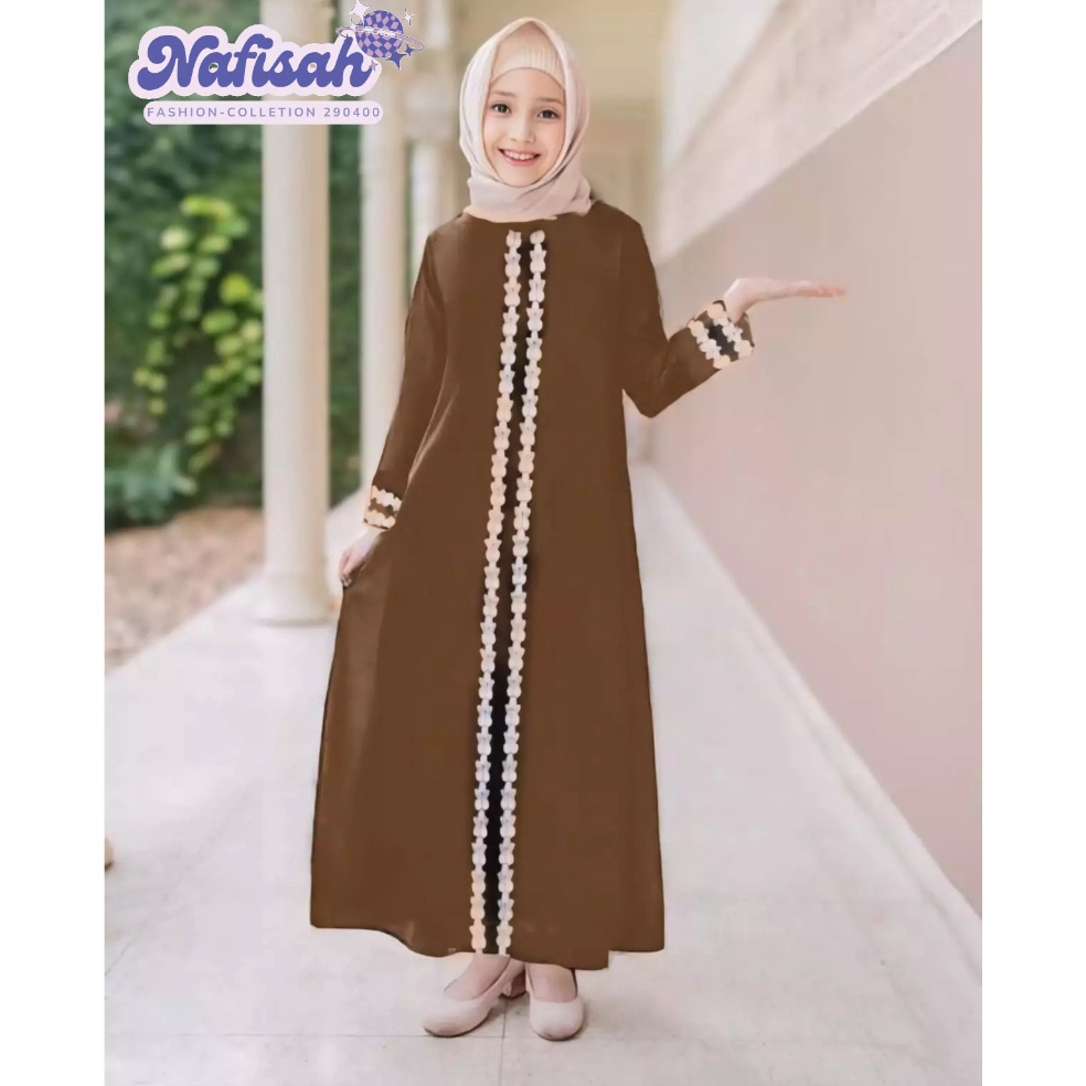KODE F6G Gamis Abaya Anak Bahan Crinkle Airflow Warna Hitam Ukuran 1 Sampai 12 Tahun Variasi Renda V