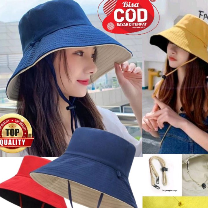KUALITAS TERJAMIN Topi Bucket Wide Wanita Bertali Bucket Dewasa Bertali Bolak Balik 2 Warna