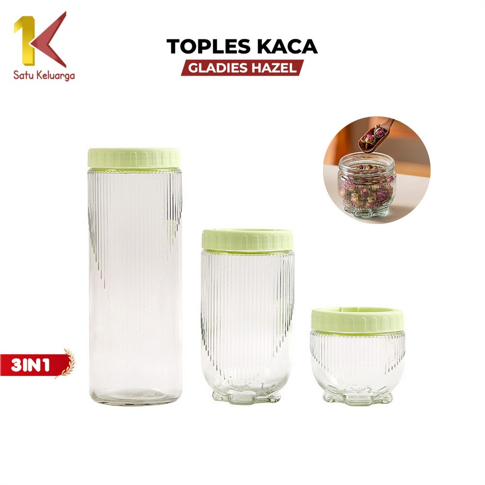 Satu Keluarga Toples Kaca Gladies Hazel Set 3pcs C1171 Toples Kue Lebaran Stoples 3IN1 Anti Tumpah