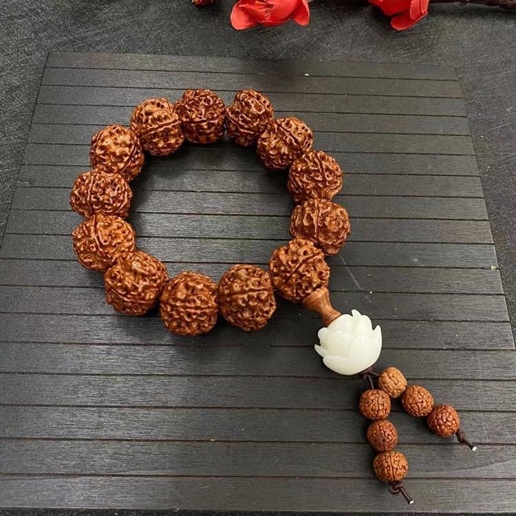 Gelang Tasbih Biji Rudraksha TIbet Nepal 18mm Lotus / Gelang Tangan Manik Kayu Alami Variasi Bunga T
