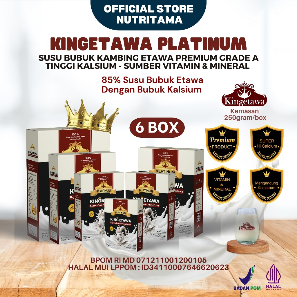 

Susu Etawa Bubuk Kingetawa Platinum Paket 6 Box - Susu Untuk Keluhan Pernafasan, Batuk, Bronchities, Paru2 - Susu Etawa Untuk Nyeri, Sendi Osteoporosis & Rematik