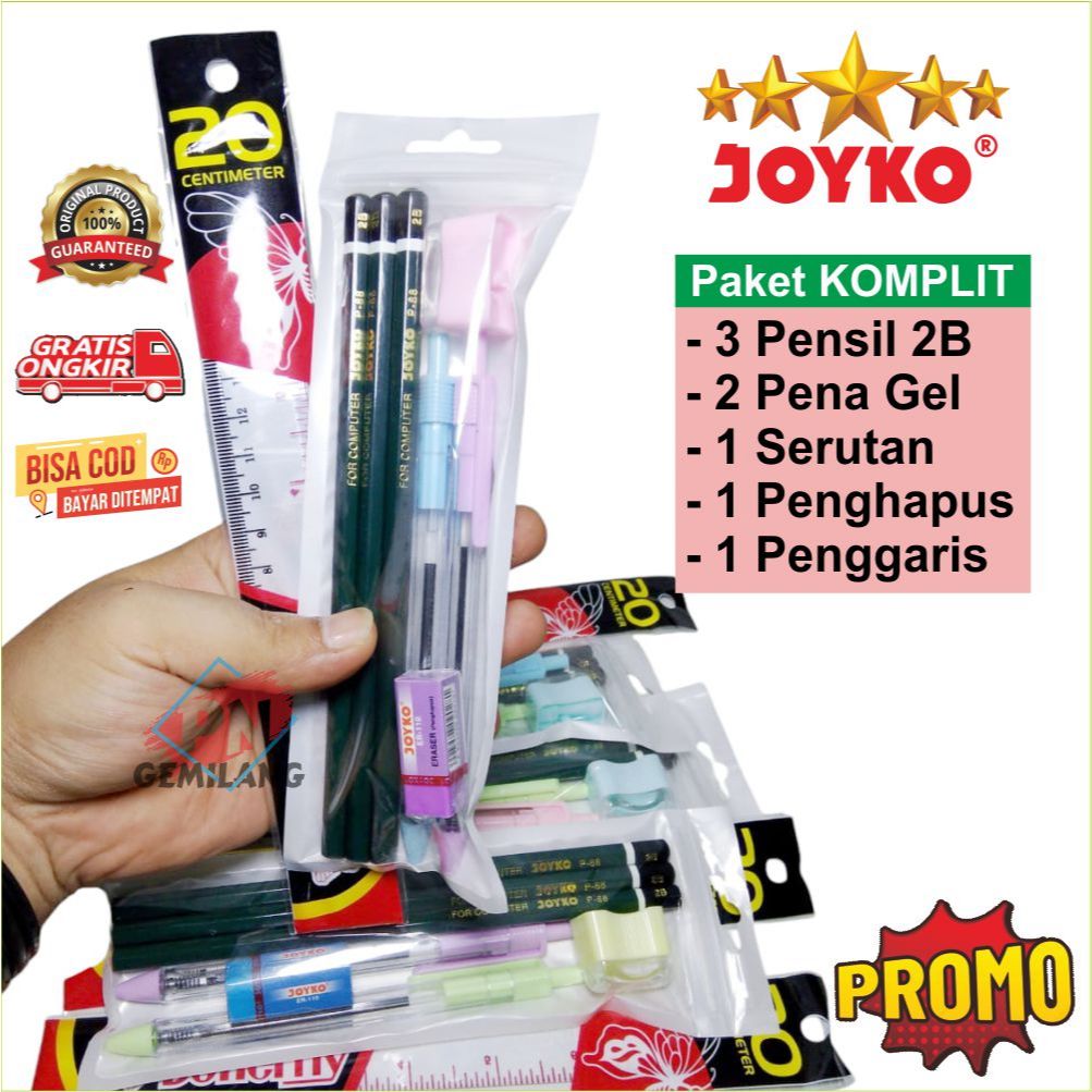 

PROMO PAKET PENSIL 2B JOYKO, PENA GEL JOYKO, SERUTAN JOYKO, PENGGARIS, PENGHAPUS JOYKO