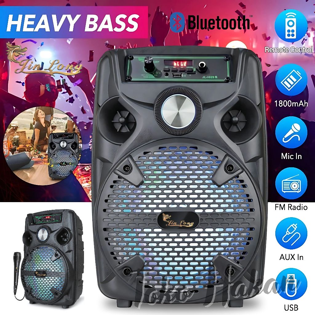 Speaker Bluetooth Full Bass Jin long JL 1828 "8,5 Inch" Free Mic Kabel Bluetooth Karaoke / Mic Kabel