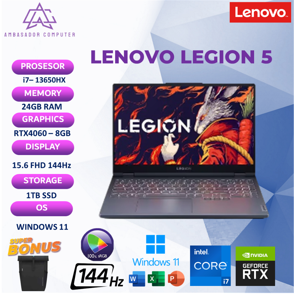 Lenovo Legion 5 15 i7 13650HX RTX4060 8GB 24GB 1TB Windows 11 + OHS 15.6 Full HD 144Hz 100%sRGB
