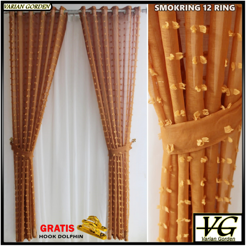 Gorden Jendela Pendek Minimalis Bahan Vitrase warna Kuning Model Smokring 12 Ring Ukuran Lebar 140cm