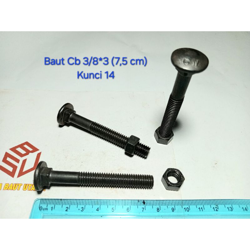 100 set Baut CB Ukuran 3/8*3 ( 7,5 cm) Kunci 14 / Baut Pagar / Payung / Bak truk / Bumper Mobil