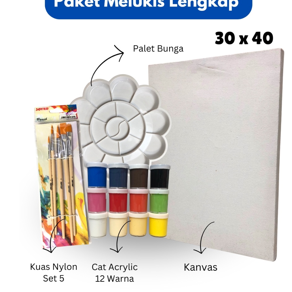 

Top Shipment Paket Melukis Lengkap Set Lukis PerlengkapanSet 4 in 1 Set Kanvas 3 x 4 cm Kuas Palet Cat Acrylic isi Lebih banyak 12 ML Set ART ASIA