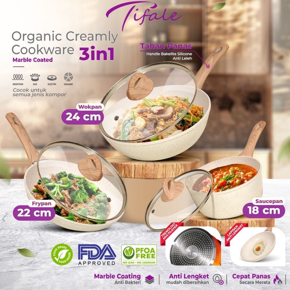 Rekomendasi Tifale 3in1 Organic Creamly Cookware Marble CoatedAnti lengket Handle Bakelite Silicone 