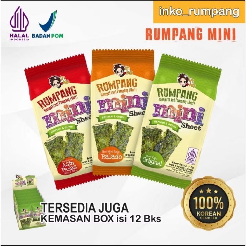 

Inko Rumpang Rumput Laut Panggang / Nori Mini Sheet Original/ Asin Pedas/ Balado @ 1.5gr