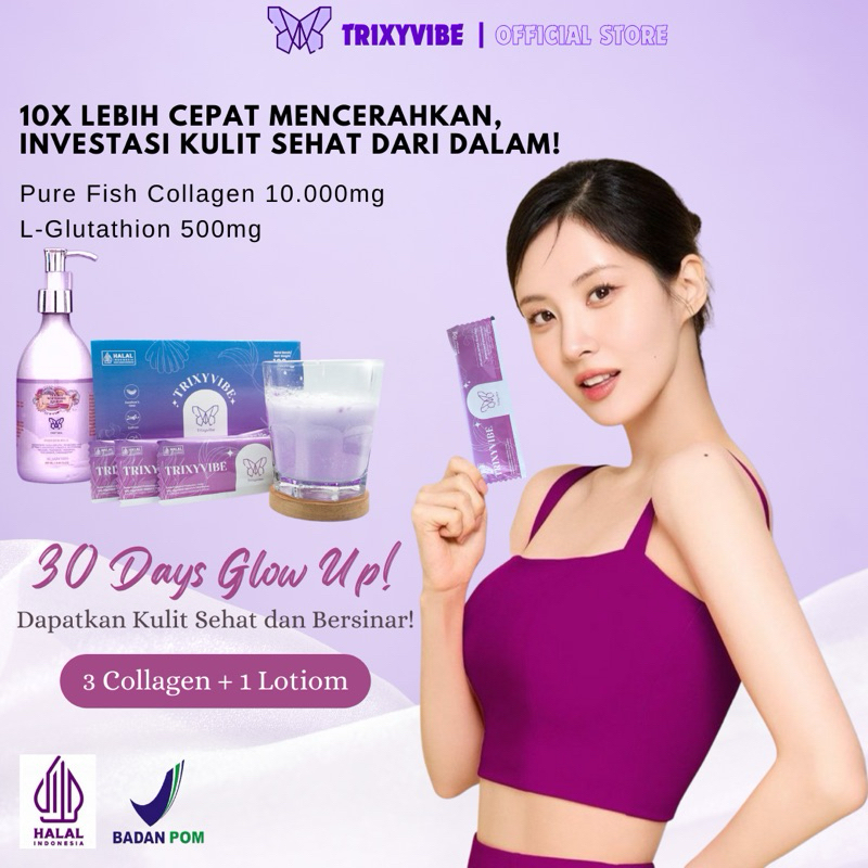 TRIXYVIBE PAKET GLOW UP 30 HARI 1 LOTION & 3 COLLAGEN DRINK // Paket WS Glow Whitening