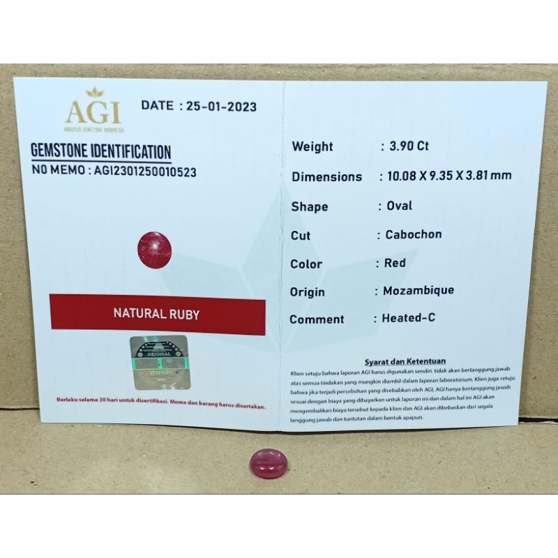 PERMATA RUBY PIEGON ASLI NATURAL BERSERTIFIKAT