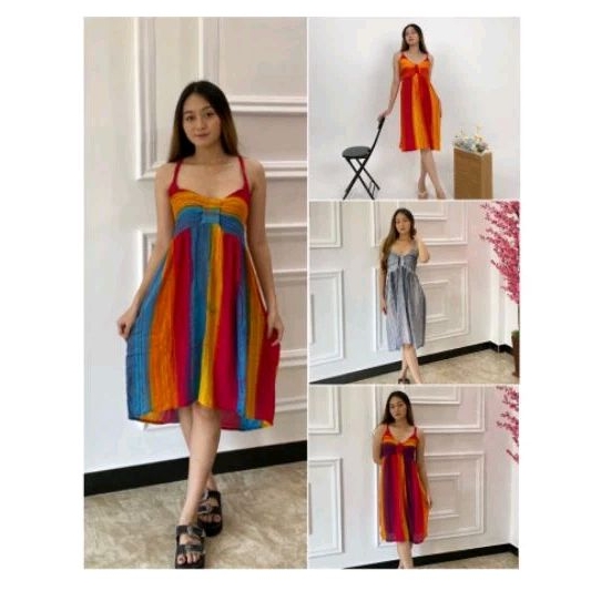 Pita Midi Dress Rainbow Dress Santai Wanita Dress Pendek Tie Dye Garis Wanita