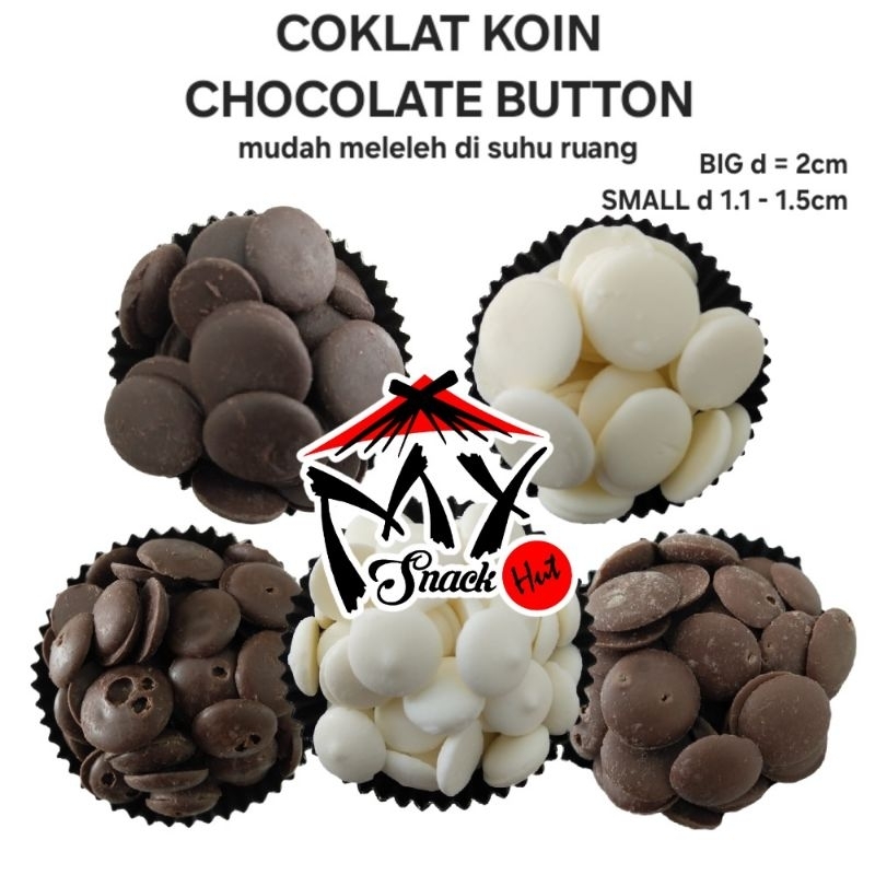 

COKLAT KOIN 100GR COKELAT KANCING COLATTA CHOCOBITZ CHOCOLATE BUTTON COIN KUE WHITE DARK MILK HALAL