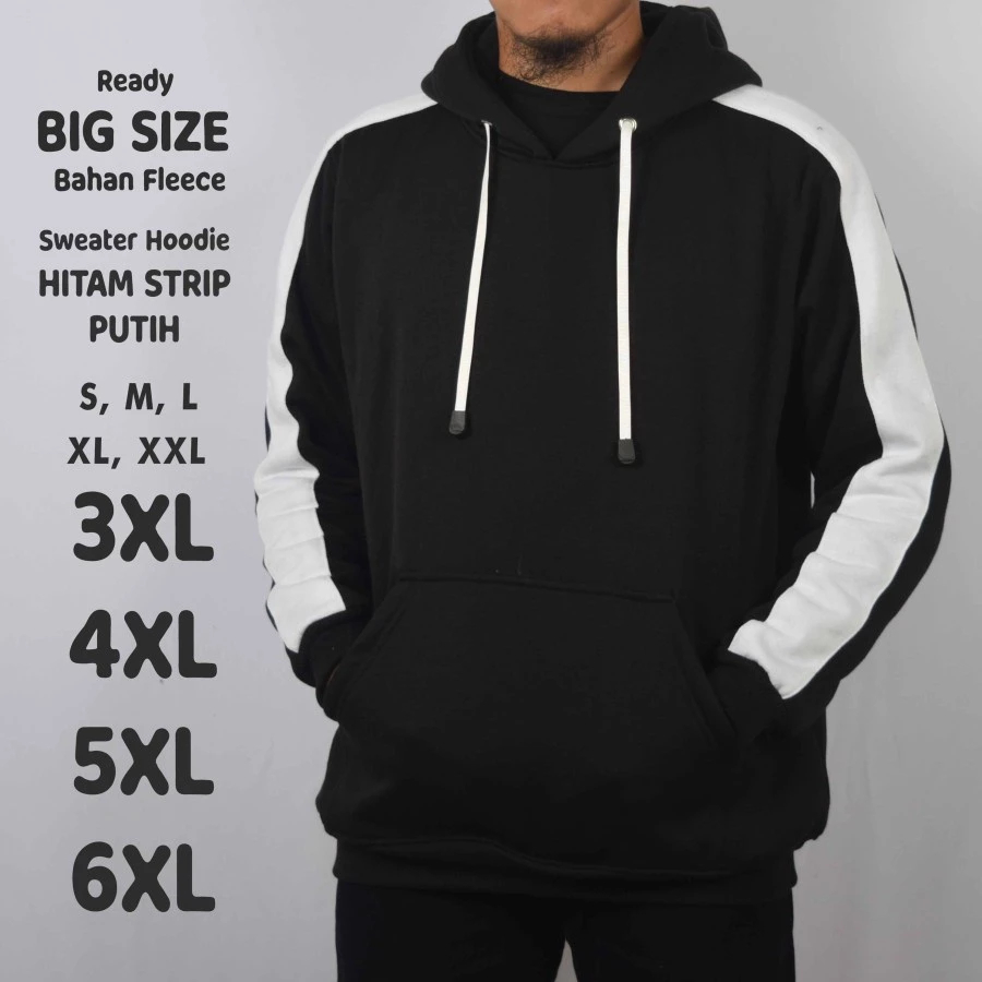 Jaket Hoodie Hitam Lengan Strip Putih Big Size Jumbo