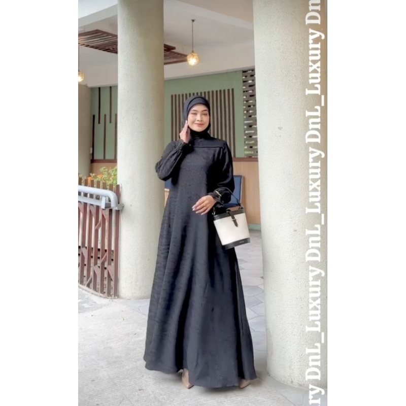 Gamis Dnl luxury bahan jet black premium mix gradasi jaguar tangan renda / Gamis hitam DNL luxury / 