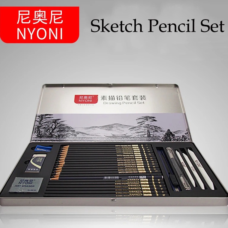 

KODE S66Z NYONI Drawing Pencil Gambar Set 29 pcs Metal Tin Box Pensil Gambar Lukis Sketsa Lengkap Paket