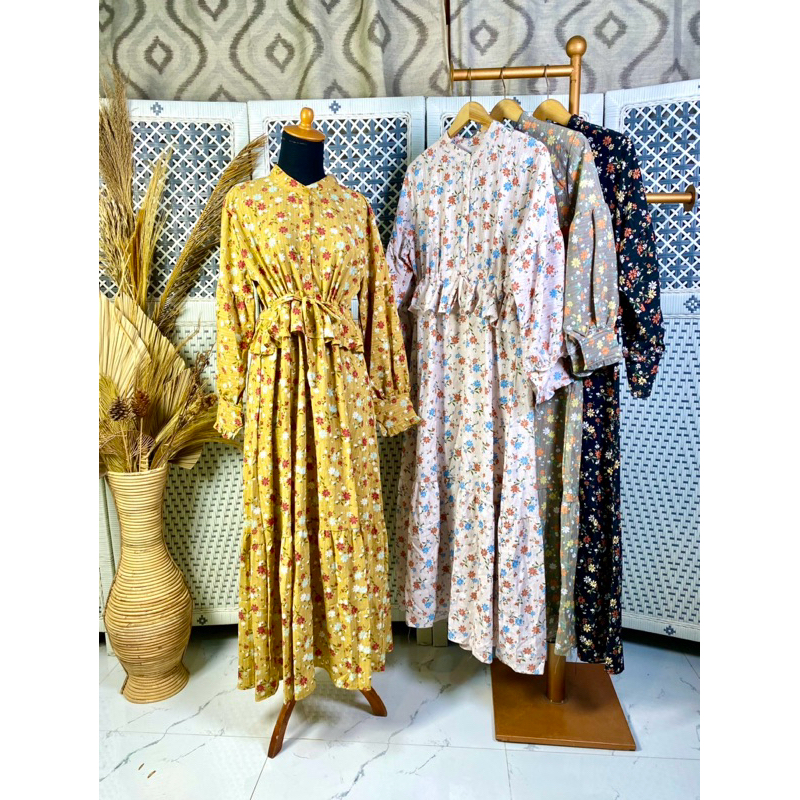 Gamis Serut Bunga / Gamis crincle bunga / gamis remaja kekinian / gamis lebaran terbaru oke141